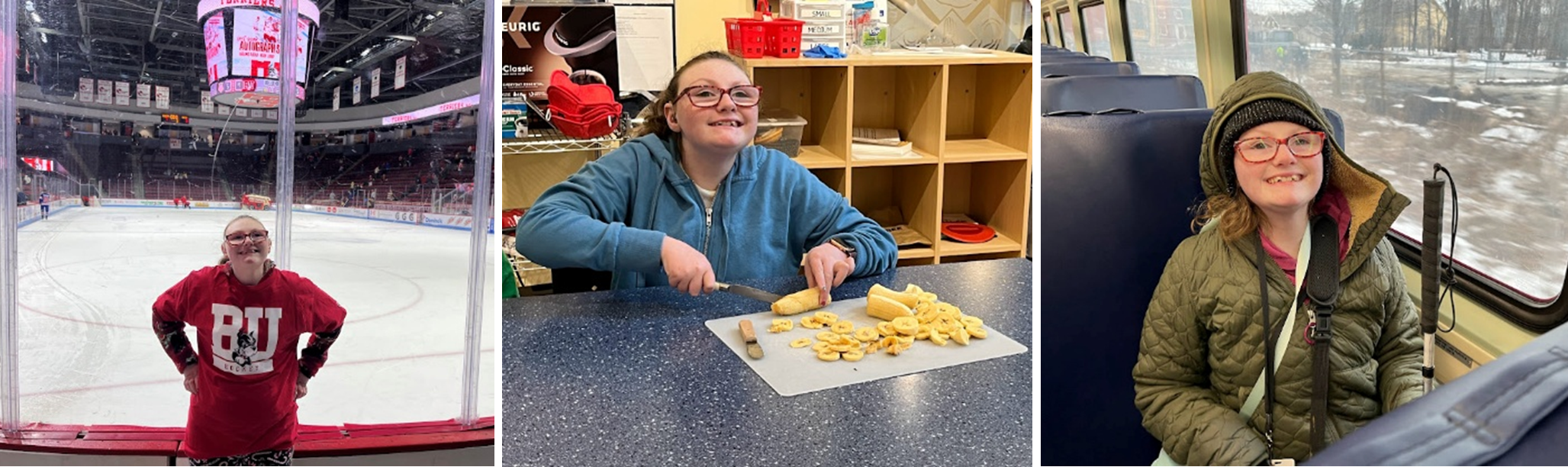 A series of photos showing a young teen who is deafblind enjoying various activities.