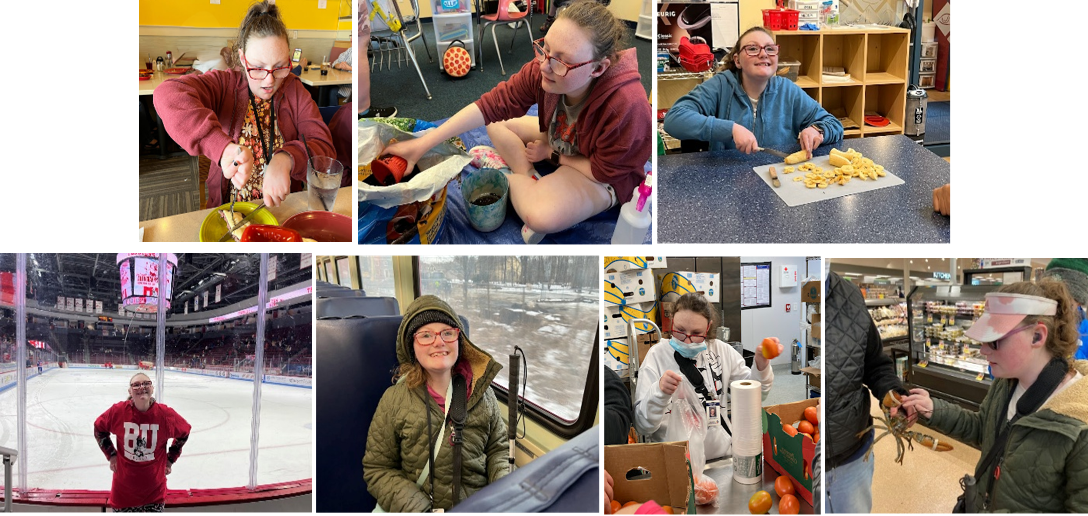 A series of photos showing a young teen who is deafblind enjoying various activities.