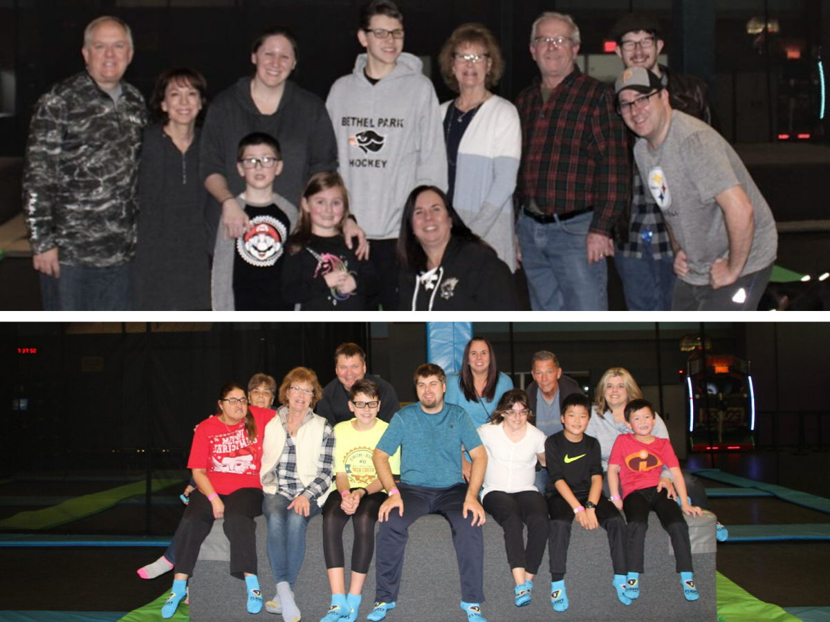 Families posing at a trampoline park.