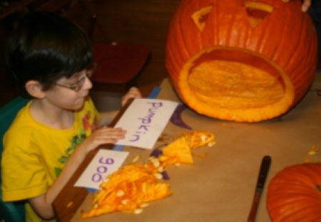 child sitting in front of a pumpkin with vocabulary labels