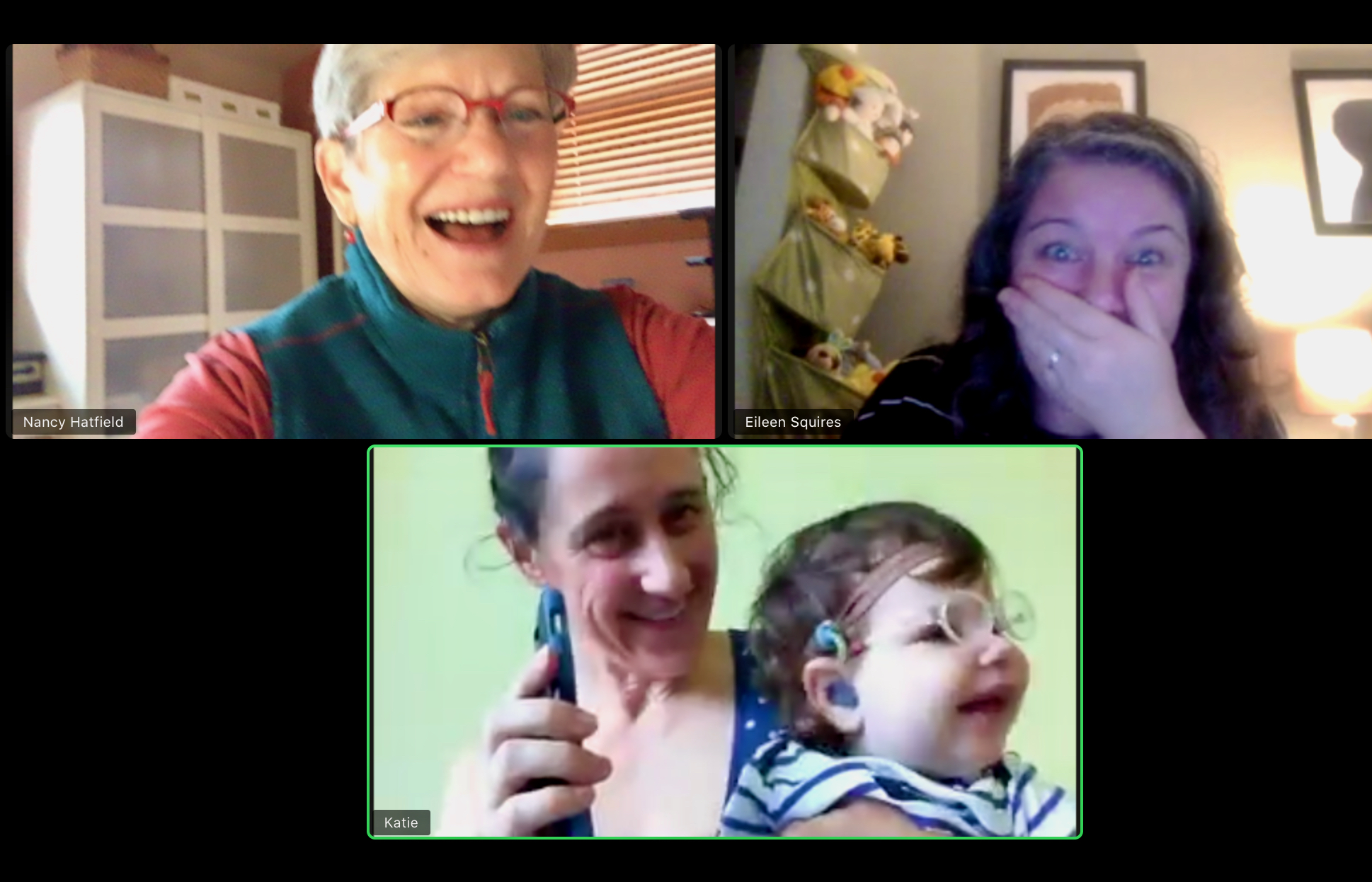 Zoom screenshot of a mom, her toddler daughter, and two early intervention consultants.