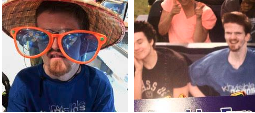 Jake is at an amusement park, In the left photo he is wearing a large straw hat and giant orange sunglasses. In the right photo he is sitting next to someone on a roller coaster