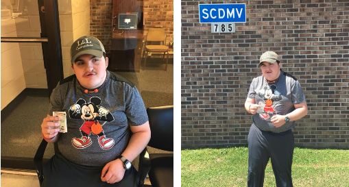 There is a boy in the photo on the left sitting wearing a mickey mouse shirt holding up an ID. The photo on the right is the same boy standing in front of the SCDMV wall