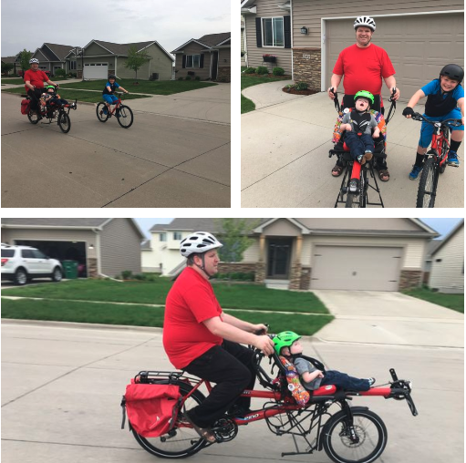 There are three photos. There are three people on bikes, the father has one child in an adaptive bike