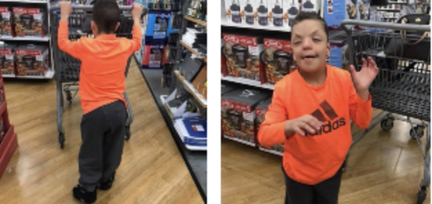 There are two photos of a child in orange at the store shopping