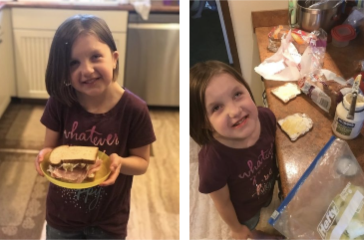 in the right photo Hannah is making a sandwich and the left photo Hannah is holding a sandwich