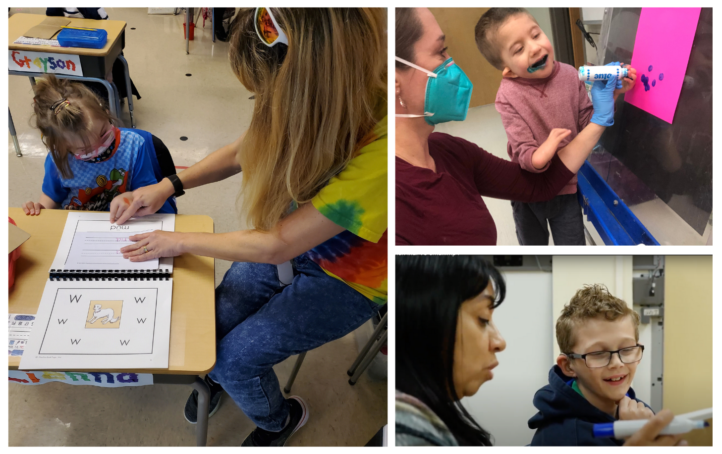 Three photo collage of interveners working with children who are deaf-blind in the classroom.