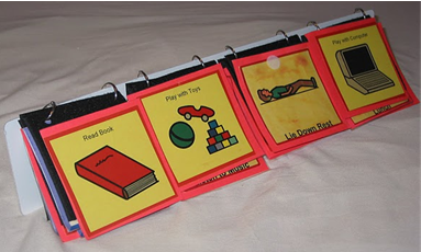 Communication flip chart that has pictures and actions: read book, play with toys, lie down flat, play with computer