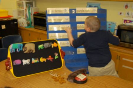 a child looks at vocabulary words