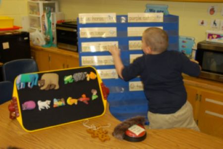 a child looks at vocabulary words