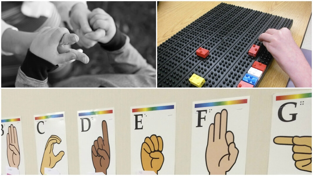 Collage of asl flash cards, braille blocks, and tactile signing.